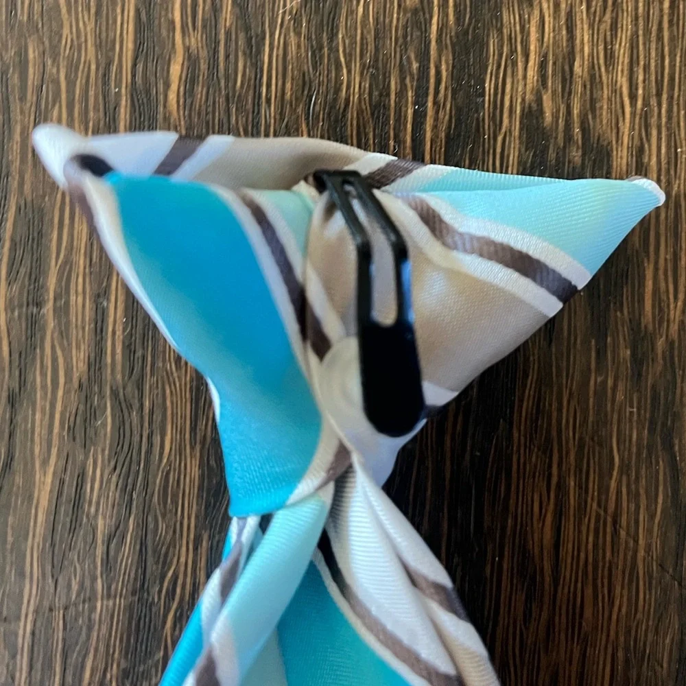 Elegant Navy and Striped turquoise white tie clip on boys set of 2 grayish tan